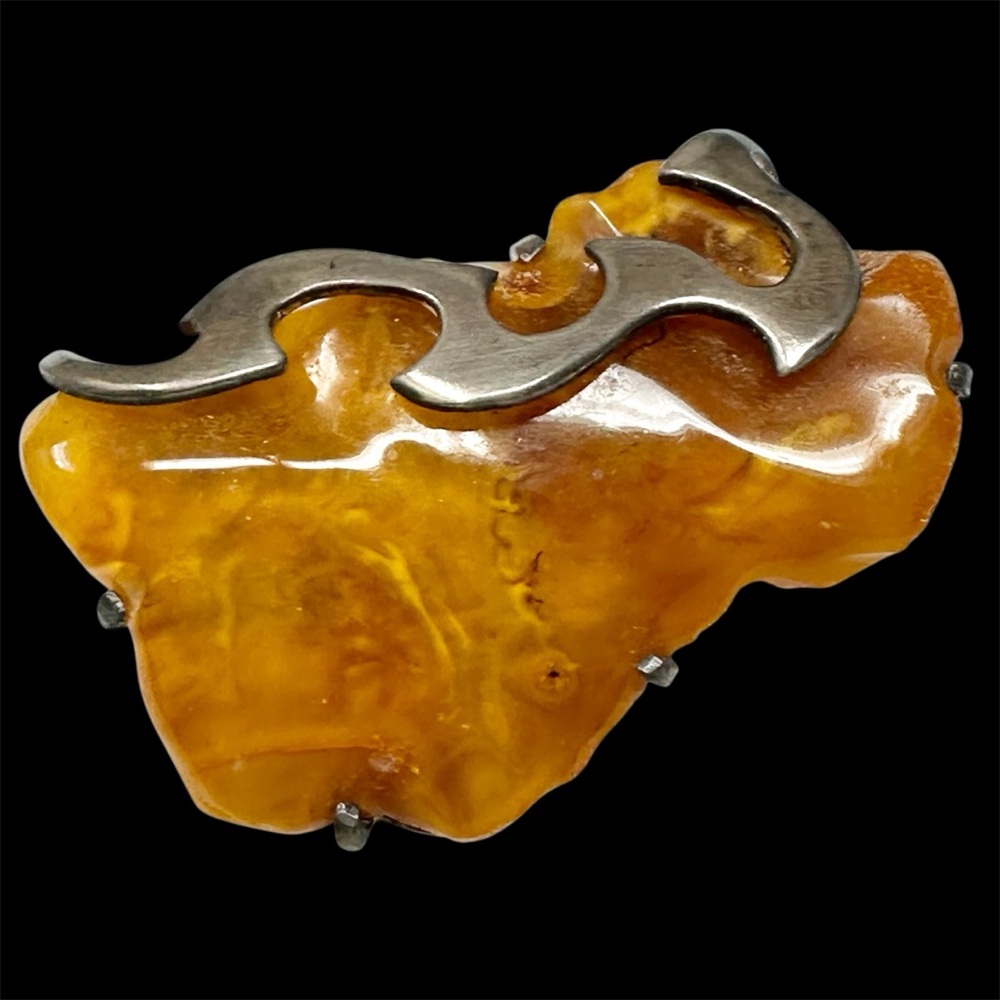 Baltic Amber Sterling Silver Handmade Brutalist Brooch Pin